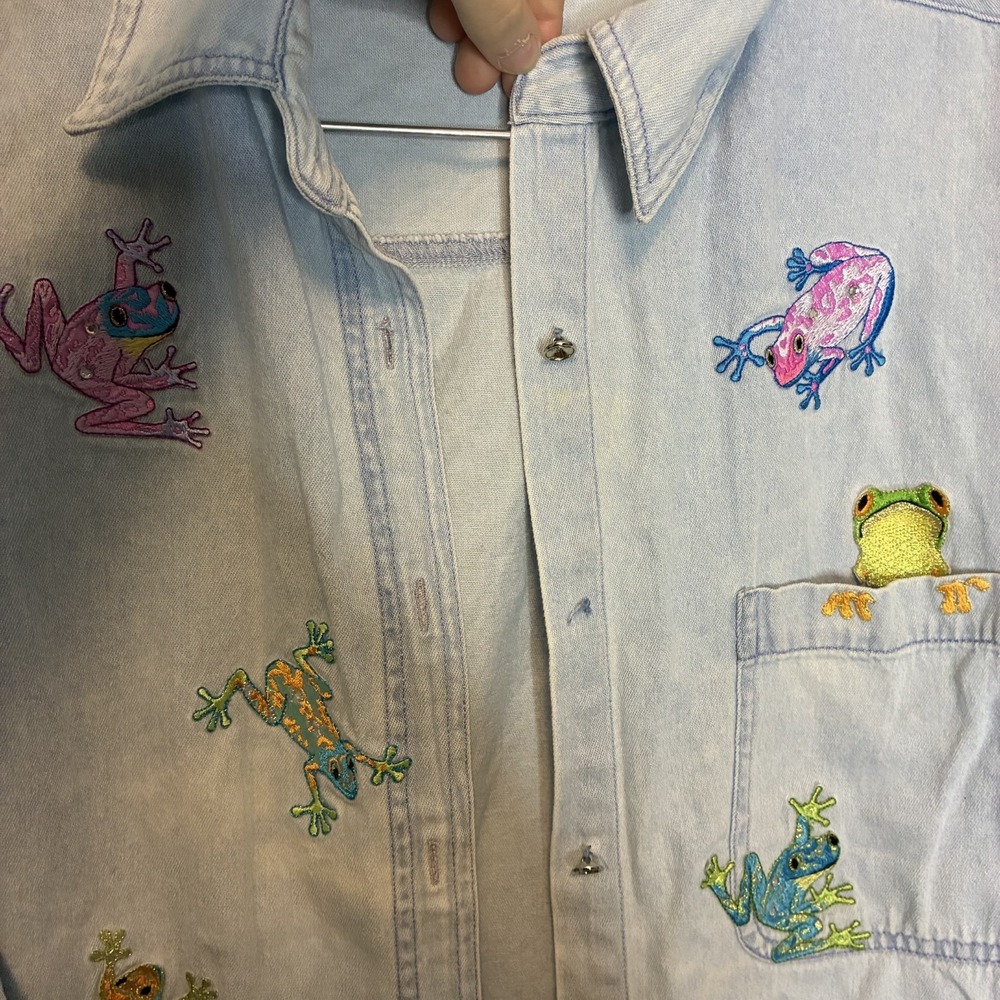 Vtg Tia Designs Women Frog Light Wash Denim Button Shirt XL Novelty 90s Kidcore